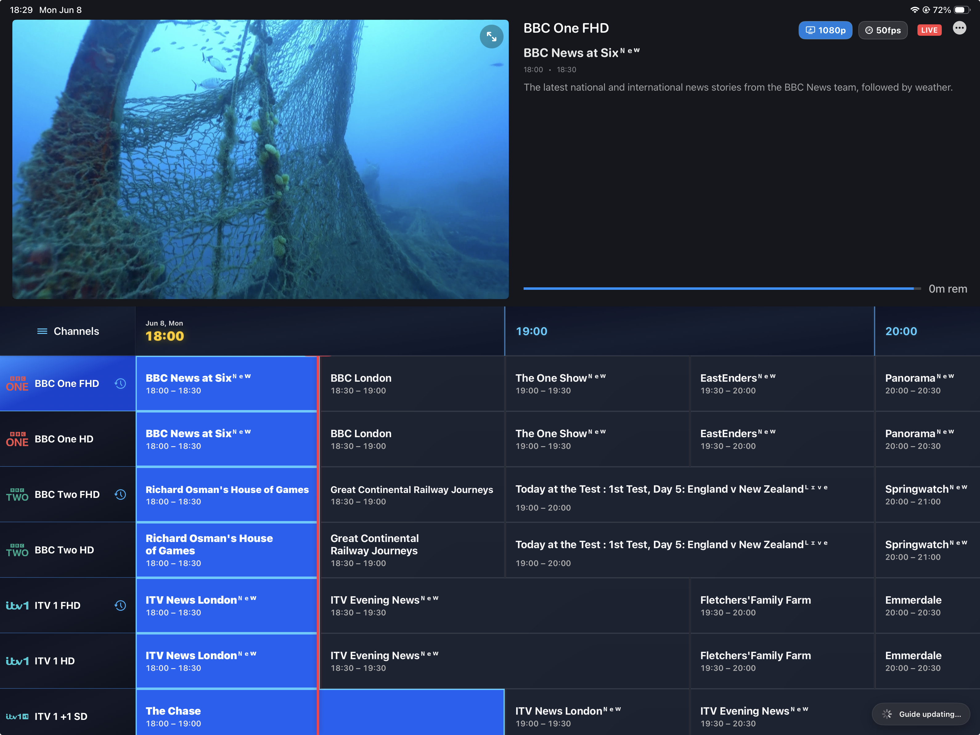 Best IPTV app for iPhone and Apple TV: TivEPG premium live TV guide EPG showing BBC One, ITV and a full programme timeline